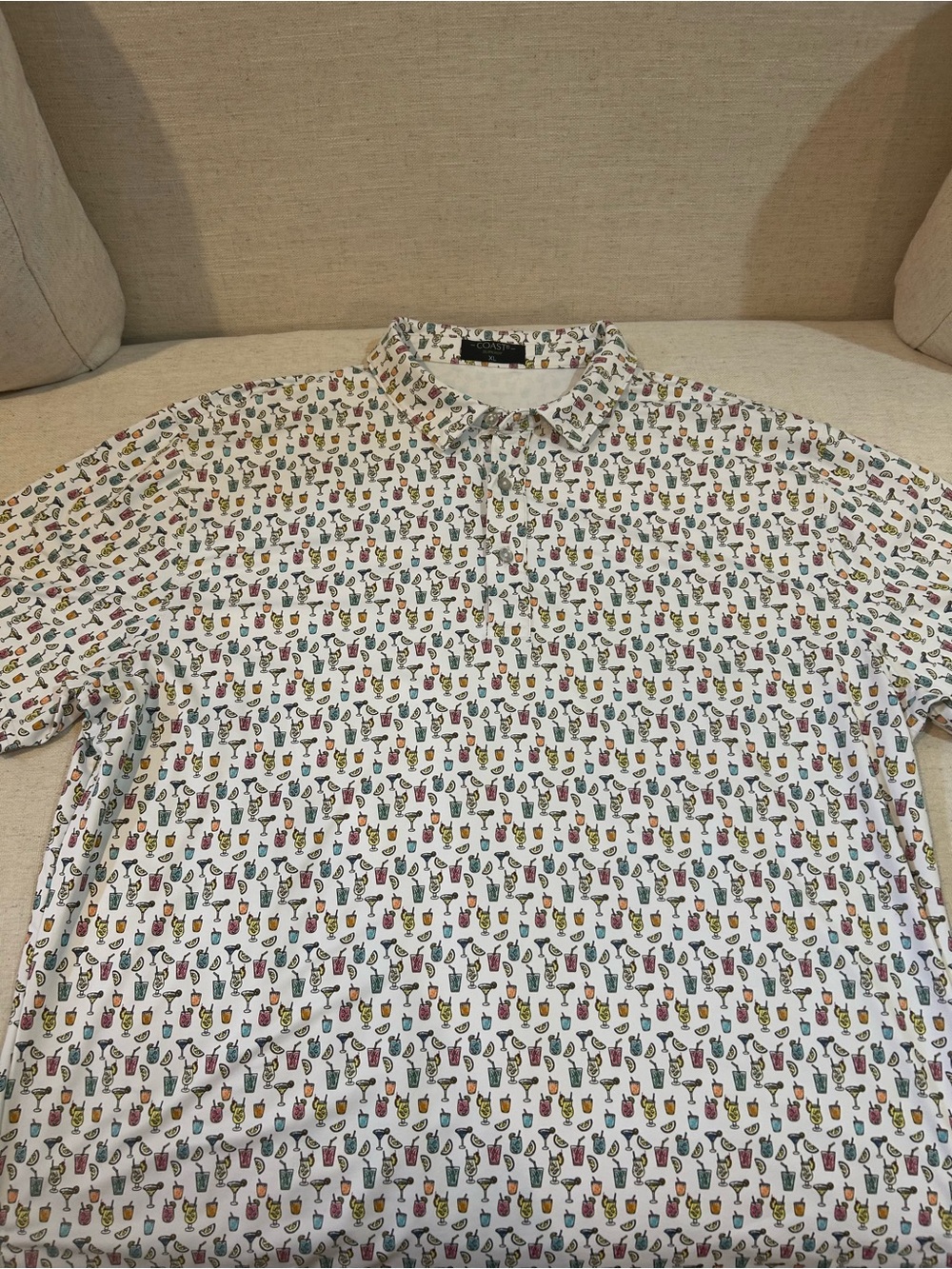 Men's White Polo with Multicolor Drink Print